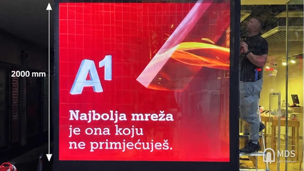 MDS transparent LED display in the A1 Mozaik store window, Zagreb, Croatia