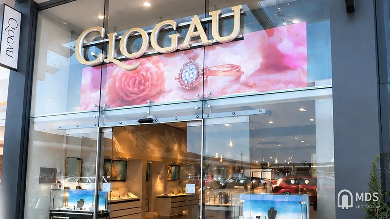MDS transparent LED display in the jewellery store window of Clogau, Chester, United Kingdom