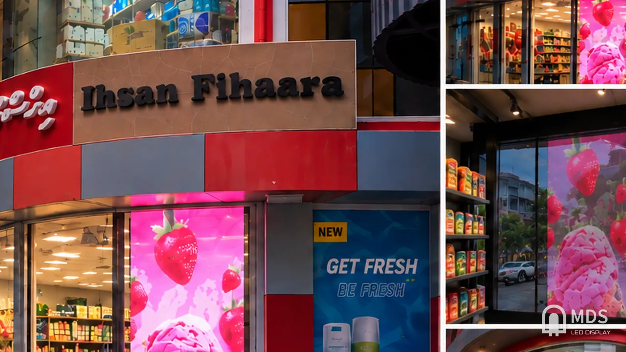 MDS transparent LED display in a retail store window, Maldives