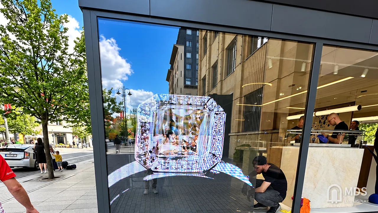 MDS transparent LED display playing a diamond ring video in the window of the MARRYME by Ribas jewellery store in Vilnius, Lithuania