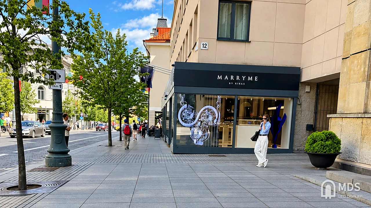 Street view of the MARRYME by Ribas corner store in Vilnius with the MDS transparent LED window display running