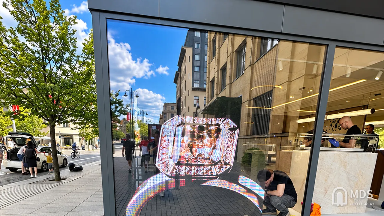 MDS engineer commissioning the transparent LED display behind the window of the MARRYME by Ribas store in Vilnius, Lithuania