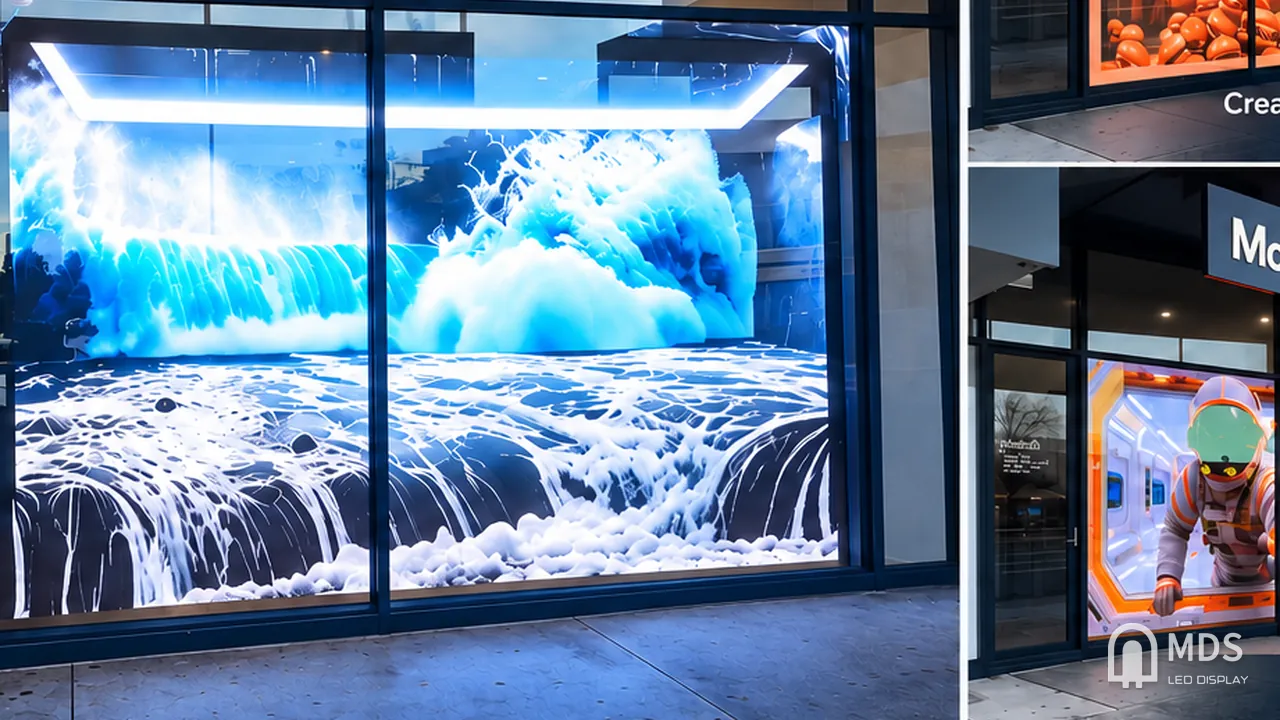 MDS transparent LED display in a street-facing window, Melbourne, Australia