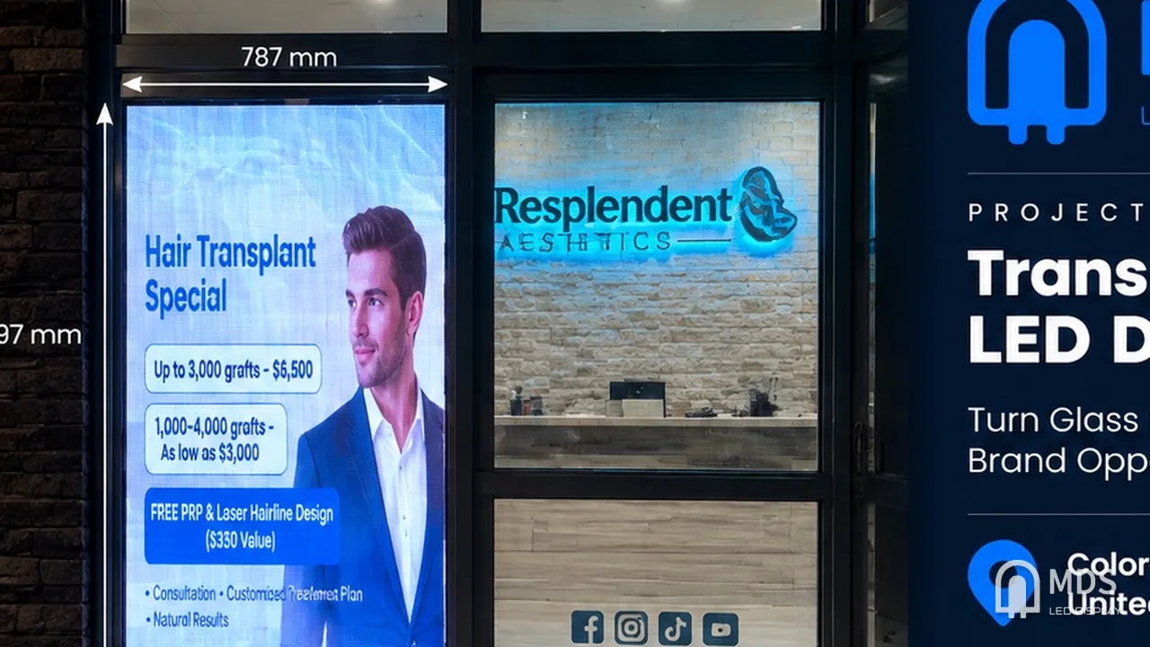 MDS transparent LED display in the window of the Resplendent Aesthetics clinic, Colorado, United States