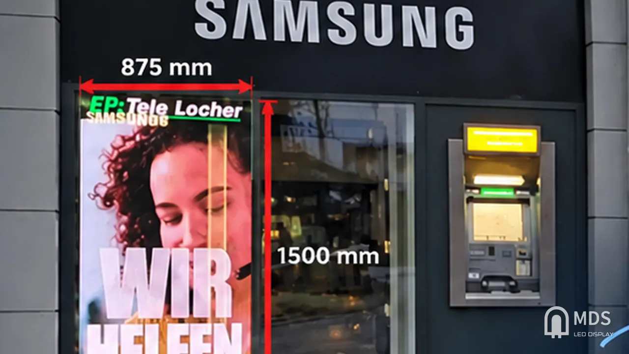MDS transparent LED display in an electronics store window, Zurich, Switzerland