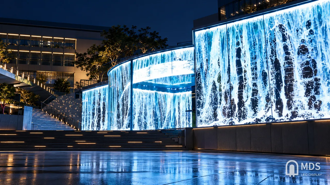 Curved transparent LED facade in Guangzhou, China, showing a waterfall animation at night