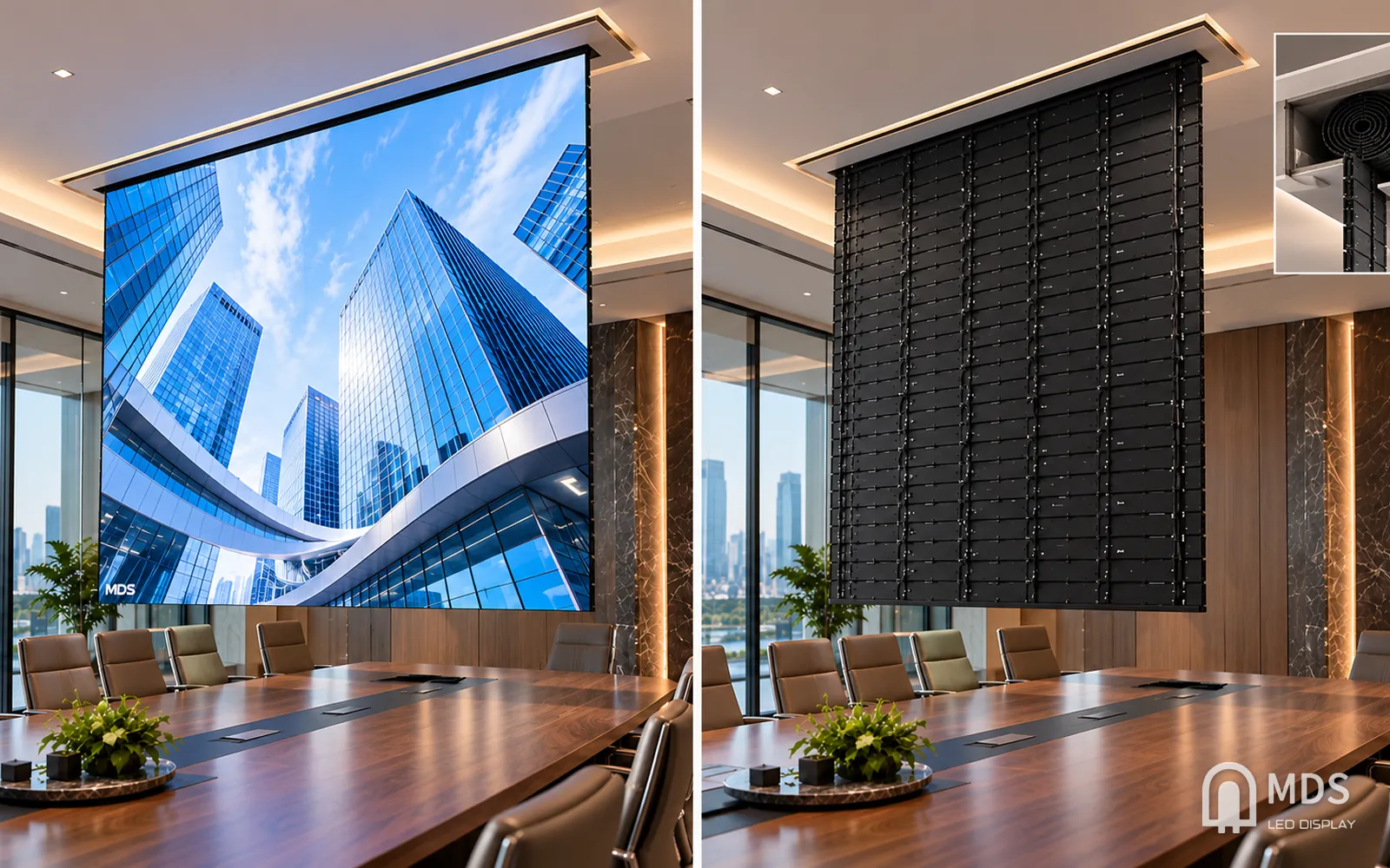MDS rolling LED display in a boardroom, shown lowered with content and partly rolled up into the ceiling housing