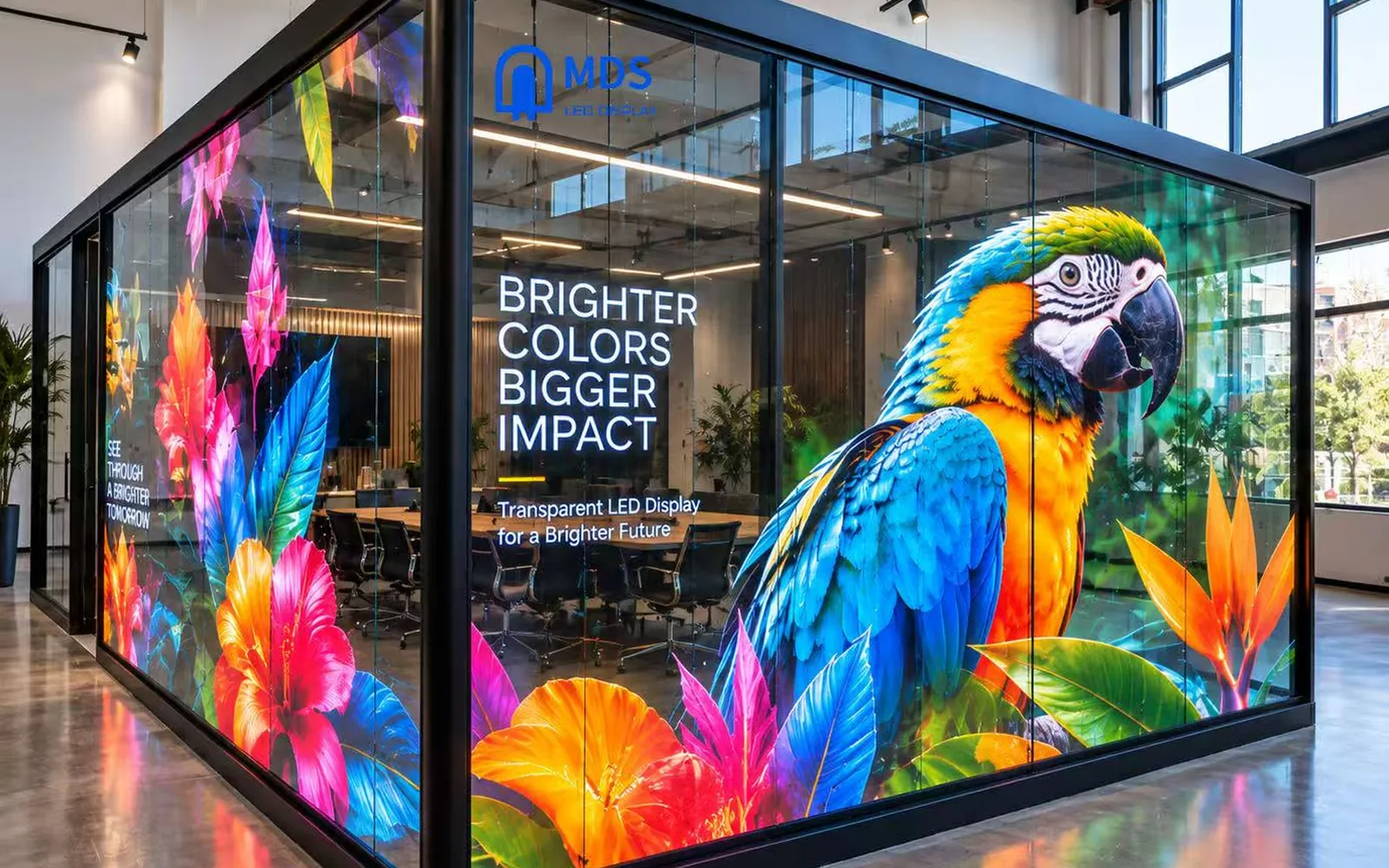 MDS Mesh PCB Transparent LED Display on the glass walls of a meeting room, showing a colourful parrot and flowers while the room stays visible