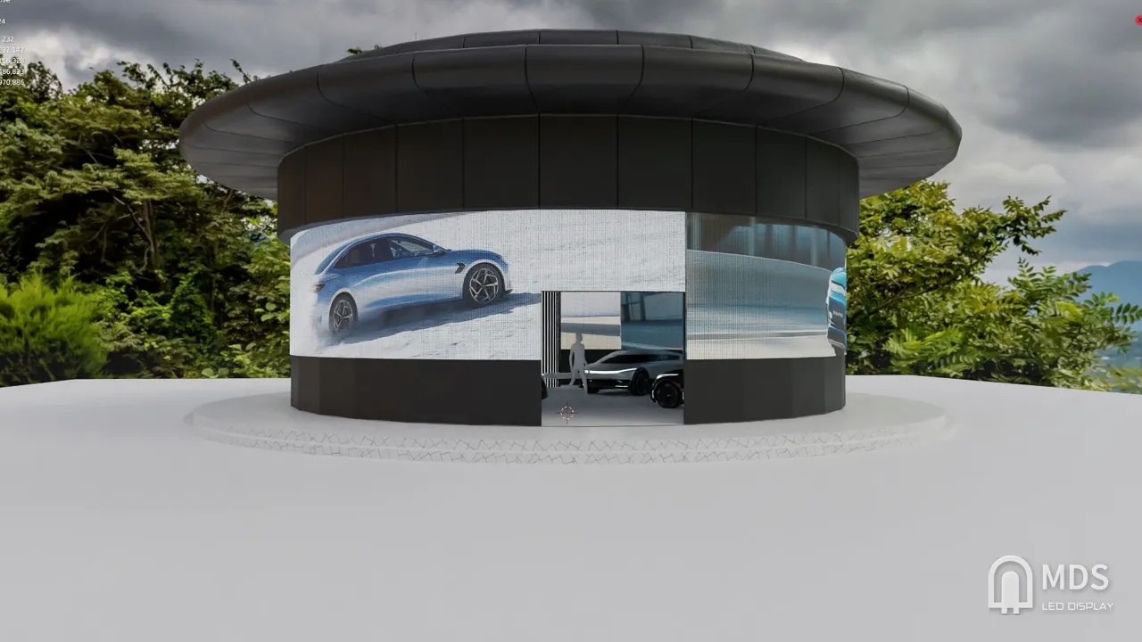 Design rendering of the round BYD showroom with transparent LED wrapping the facade 360 degrees