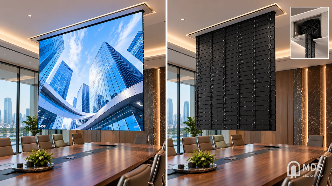 Rolling LED display in a boardroom, shown lowered with content and partly rolled up into the ceiling housing