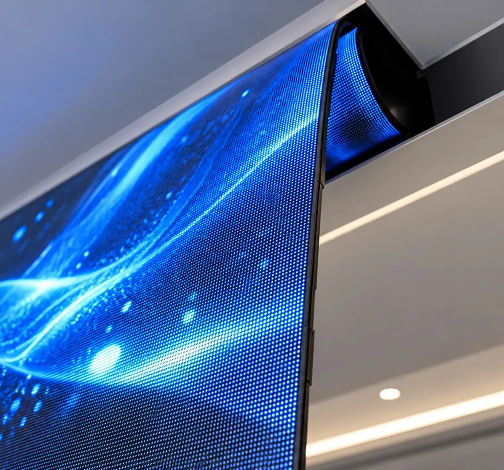 Design rendering: ultra-slim side profile of the rolling LED screen entering the ceiling roller