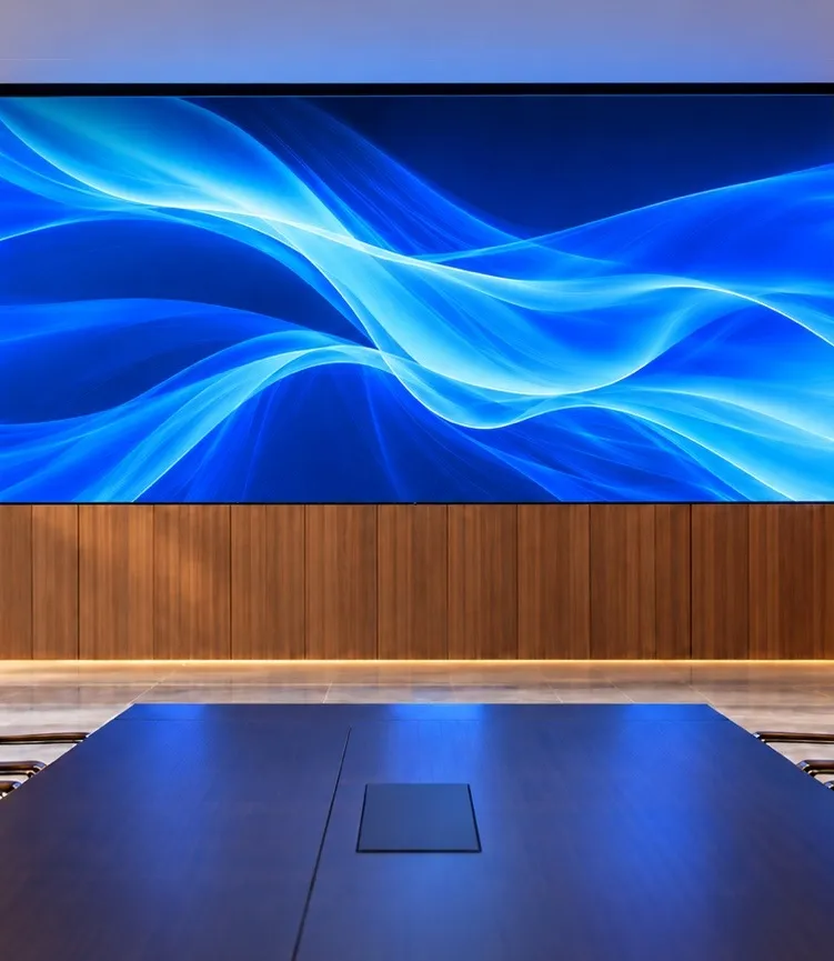 Design rendering: rolling LED display deploying in a boardroom ceiling