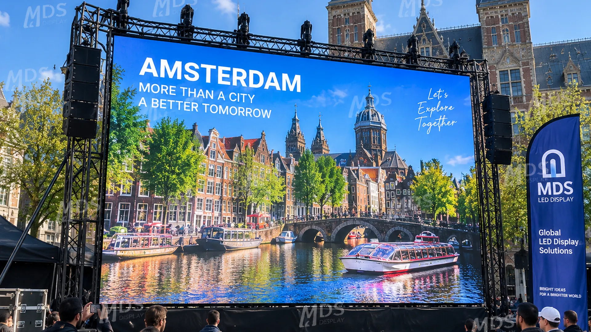 MDS EH-PRO outdoor COB P1.56 rental LED screen on a stage truss at an outdoor event in Amsterdam