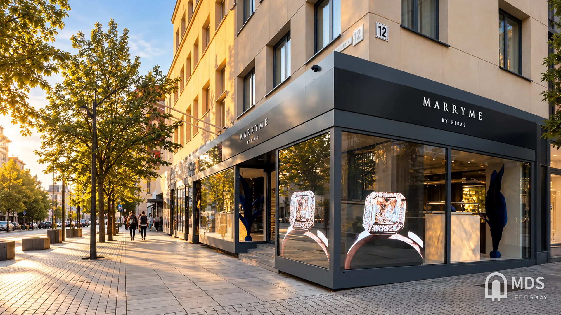 MARRYME by Ribas corner jewellery store in Vilnius, Lithuania, with MDS transparent LED displays showing ring images on both window faces